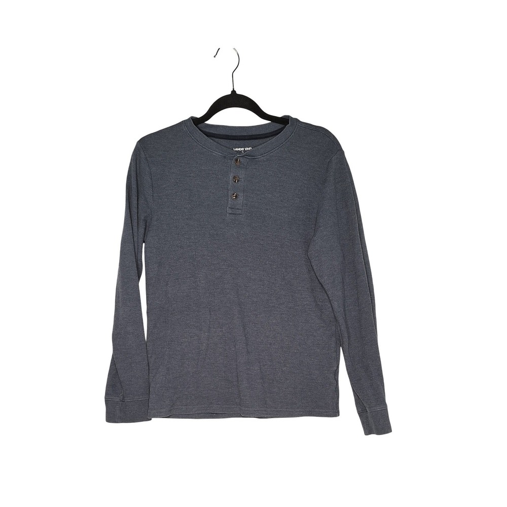 Lands End Mens XL Blue Gray Waffle Knit Thermal Long Sleeve Henley Shirt